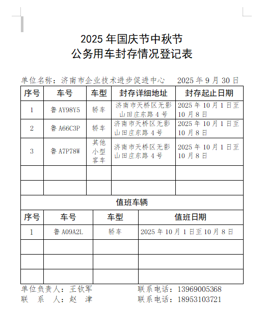 2025年国庆节中秋节 公务用车封存情况公示